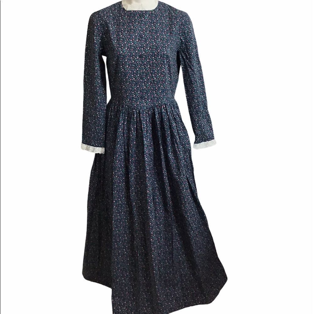 Vintage Maxi Dress Floral Cornflower Blue Print Cottage Core Lace Trim Dress